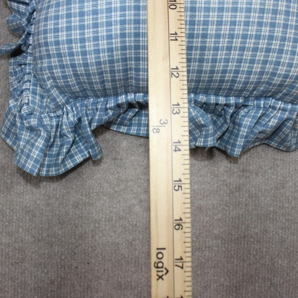 Vintage Handmade Cross Stitch Throw Pillow Blue Gingham Ruffle Country Farmhouse